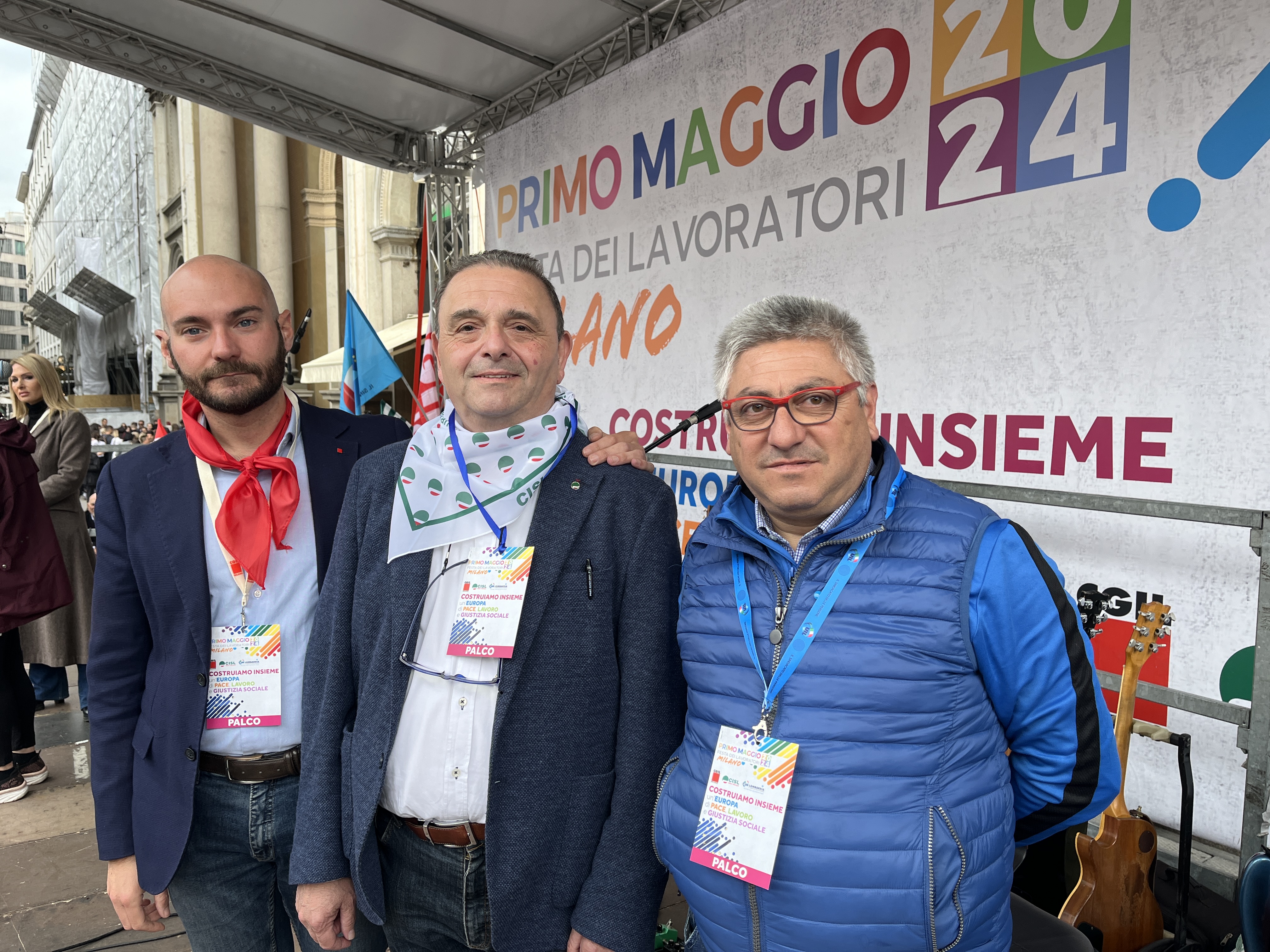 I segretari generali di Cgil, Cisl e Uil di Milano, Luca Stanzione, Carlo Gerla, Enrico Vizza