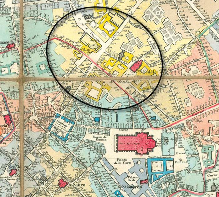 La presunta ellissi del primitivo insediamento celtico, su una pianta di Milano del 1856